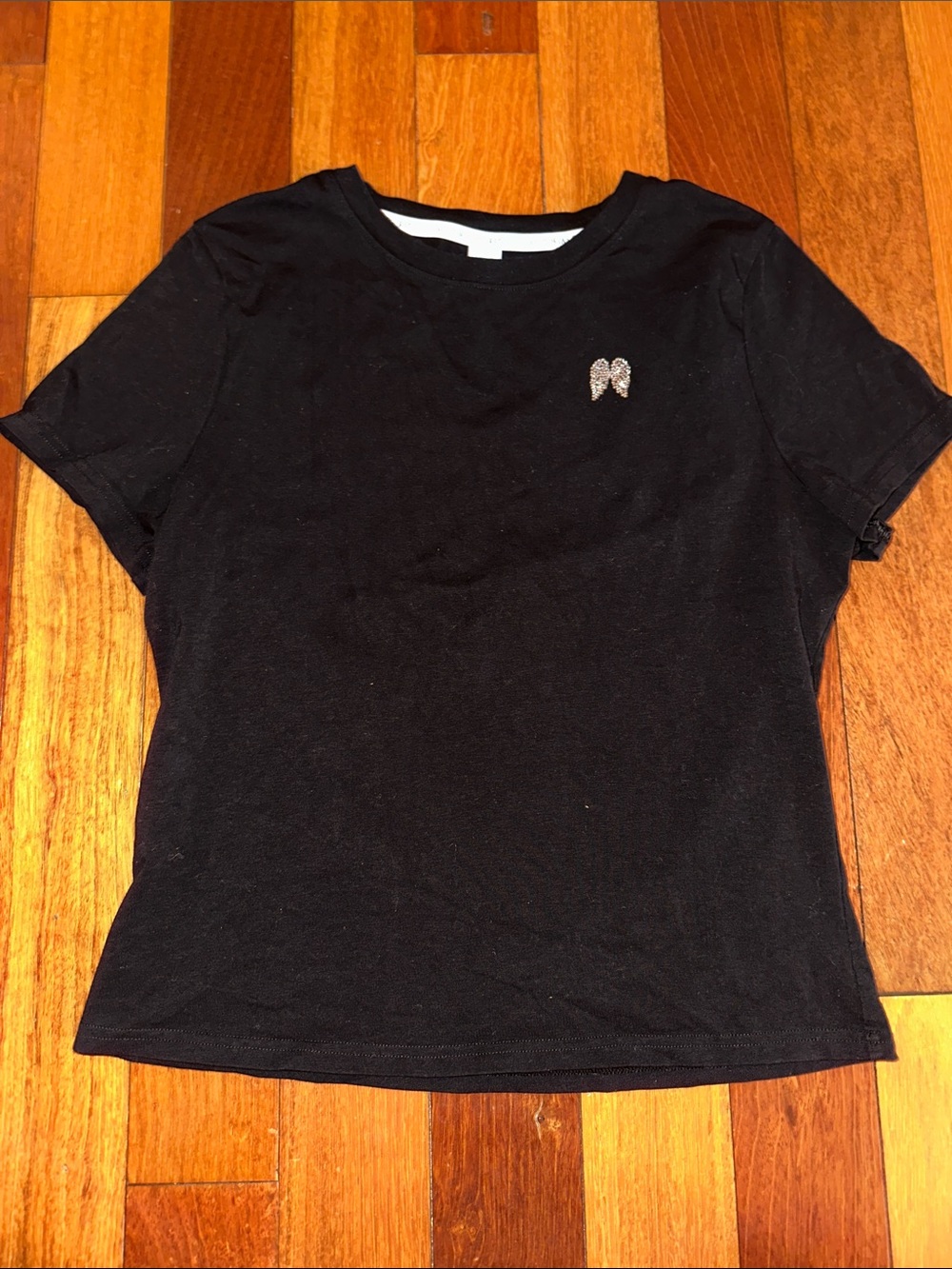 Victoria's Secret Black Short Sleeve Tee with Crystal Angel Wing Accent